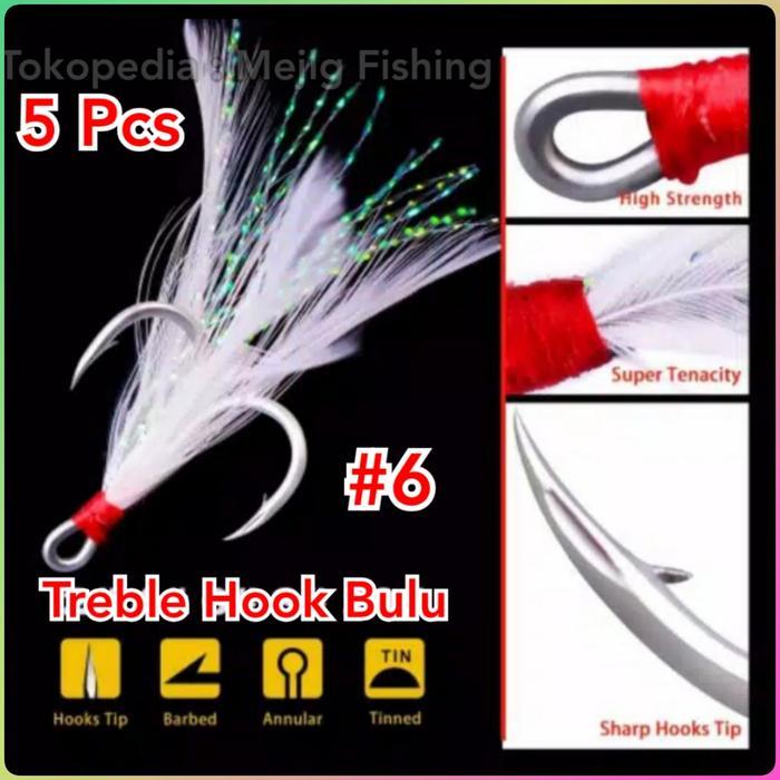 Treble Hook Bulu No.6 untuk Metal Jig Spoon Minnow Lure Pancing