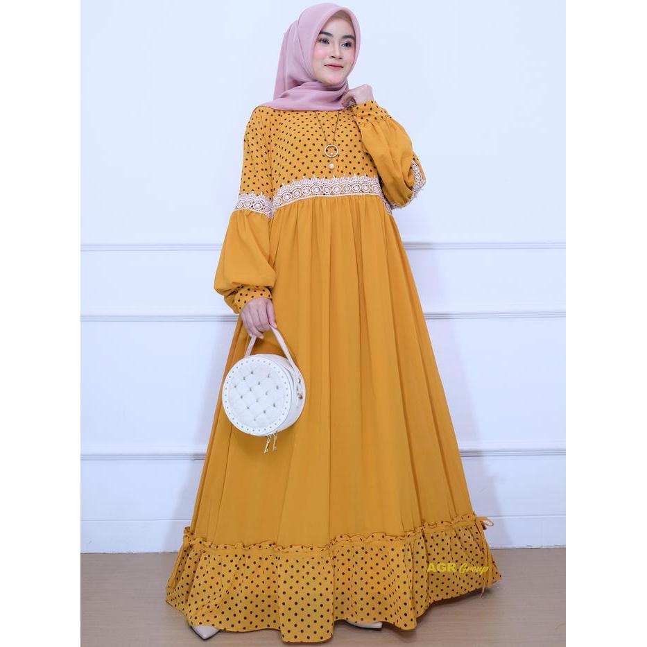 Gamis Jumbo Syari Bakhri Bahan Ceruty Motif Polkadot Busui Full Furing Size 3XL LD 130 Baju Dress