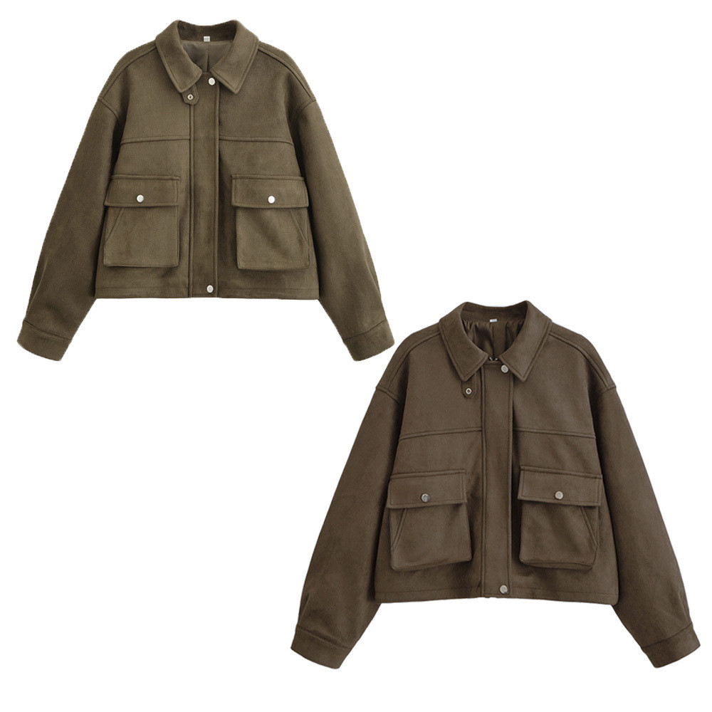 KIDCRKJ Vintage Women Spring Bomber Jacket Solid Lapel Collar Zipper Fly Lady Suede Coat Desinged