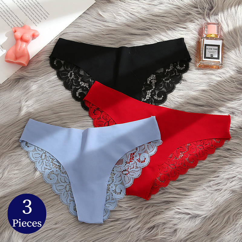 Trowbridge 3Pcs Women'S Panties Set Sweet Lace Underwear Soft Silk Satin Lingerie French Romantic