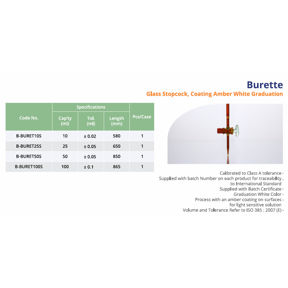 Buret Glass Stopcock Coating Amber White Graduation Class A 10 ml Merk Iwaki Original Code Number B-