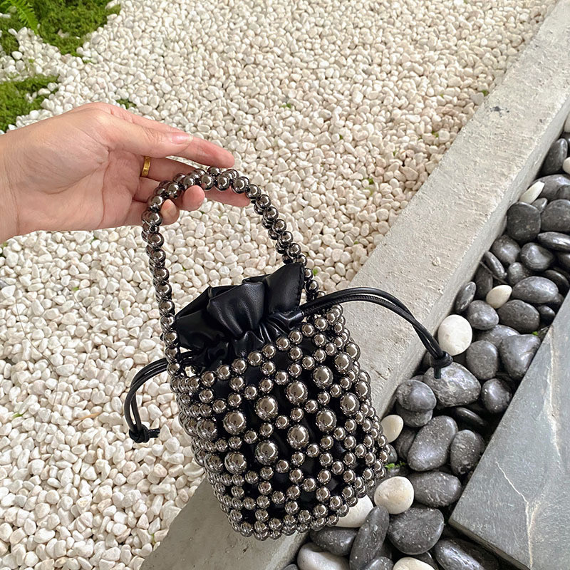 Silver bead woven bag trendy niche chain crossbody bucket bag popular hand shoulder bag