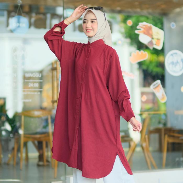 Tunik Jumbo Panjang Adem Ld 130 Cm Bahan Crincle Airflow Halus Polos Crinkle Atasan Wanita Kancing