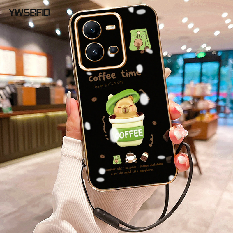 YWSBFID Casing Hp Untuk VIVO V25 5G V25E Case HP Casing pola Waktu Kopi Kesing Cesing tali berlapis 