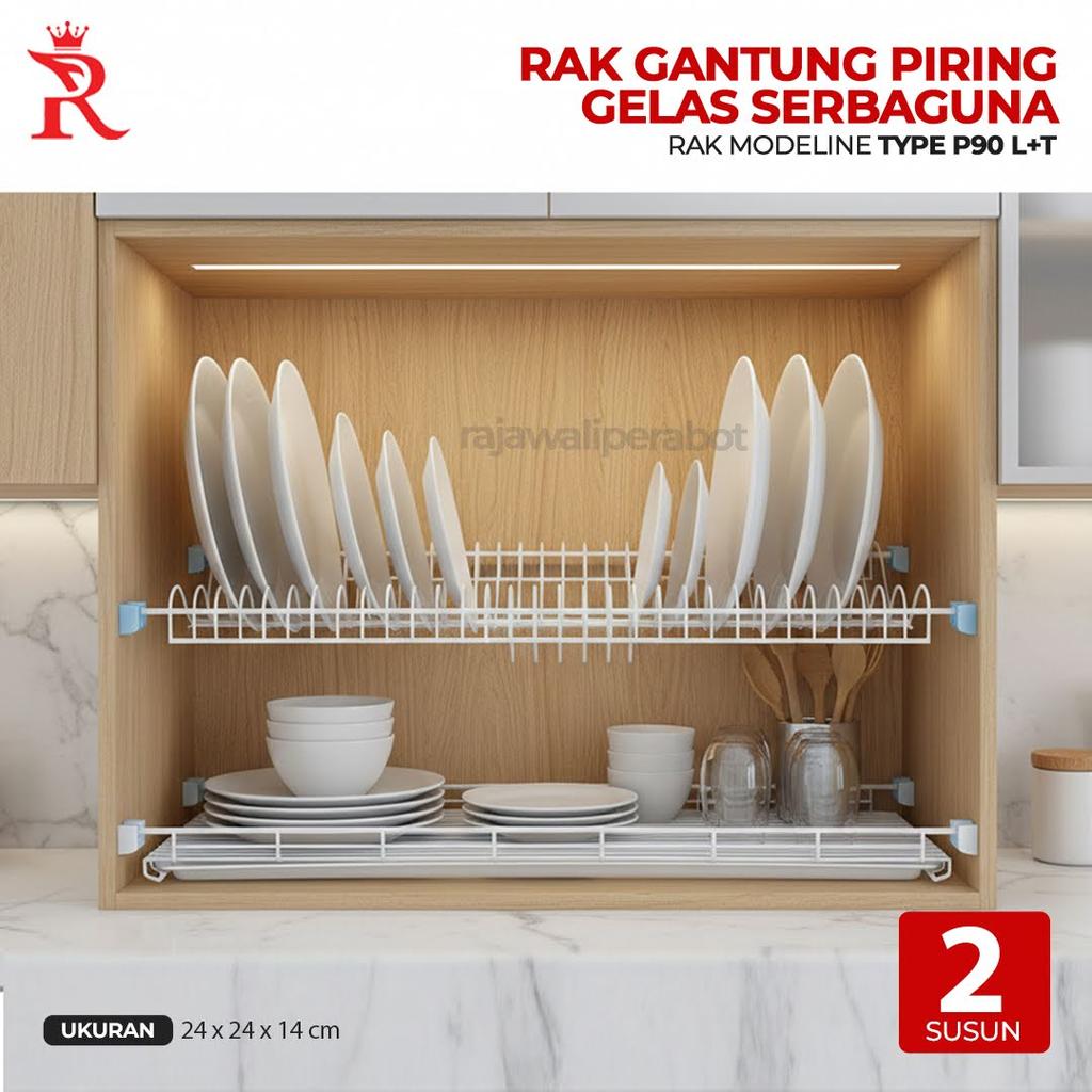 Rak Piring dan Gelas 86 cm Rak Gantung Lemari Dapur Lengkap Nampan 2 Susun P90 L+T Modelline