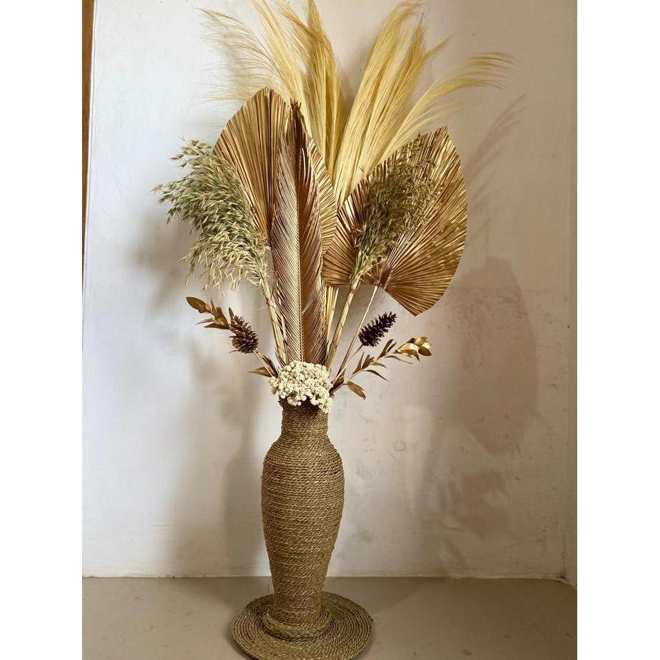 Paket Bunga Kering dan Pot Besar/ Dekorasi Rustic/ Daun Palem Kering/ Pampas Kering/ Dekorasi Rustic