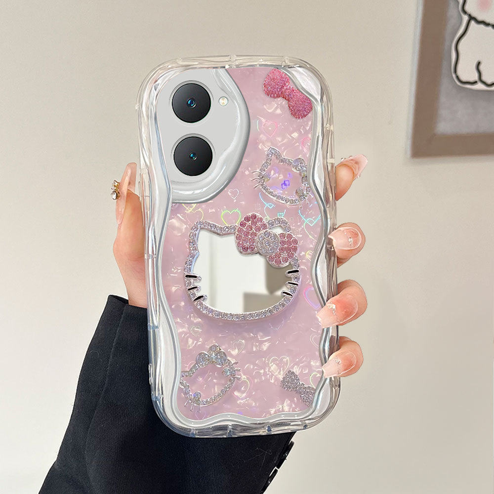 Phone Case Fashion Cermin Pink Diamond Heart Mirror Cover For VIVO Y03 Y18 Y18E Untuk Casing Hp Soft