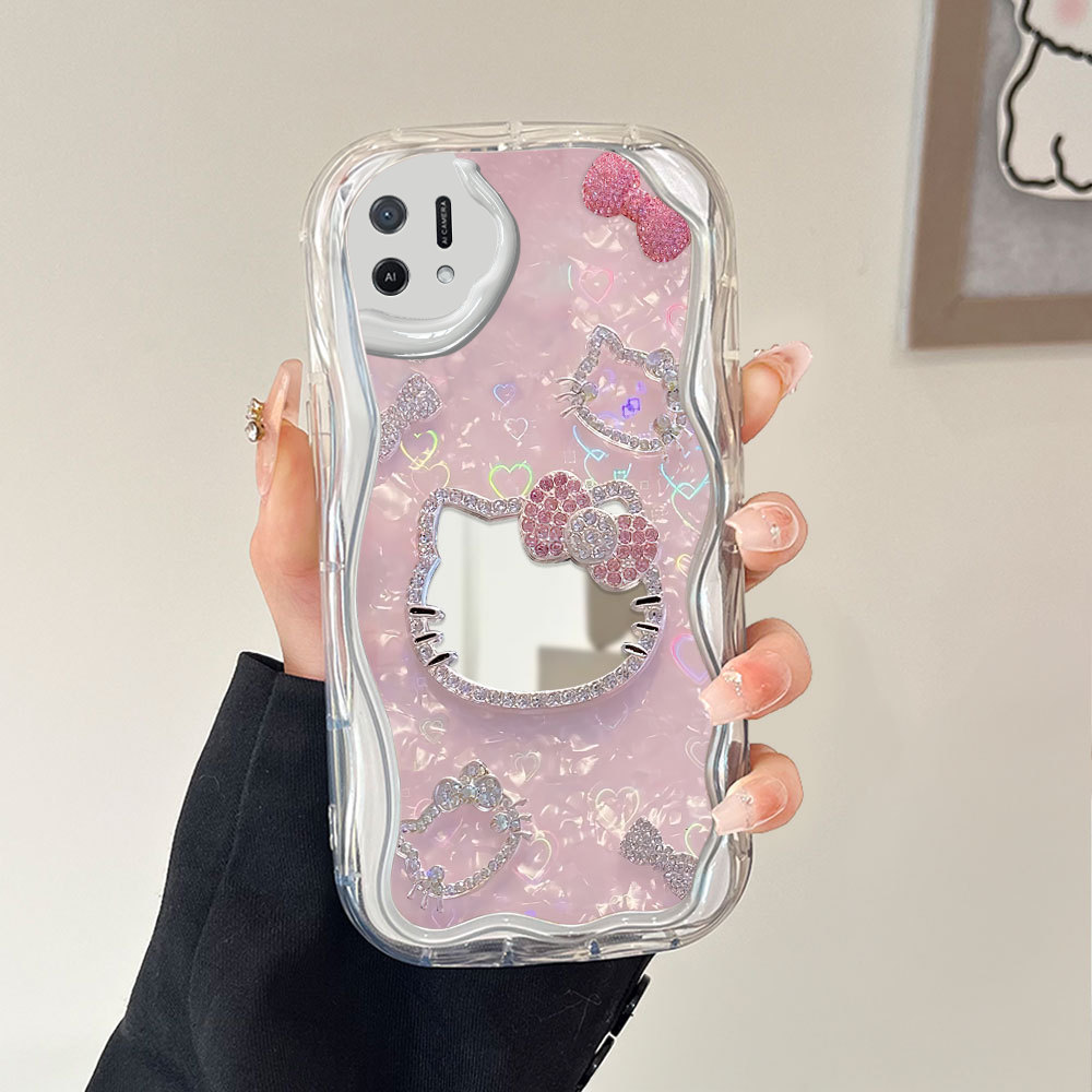 Phone Case Fashion Cermin Pink Diamond Heart Mirror Cover For OPPO A16K A16E Untuk Casing Hp Softcas