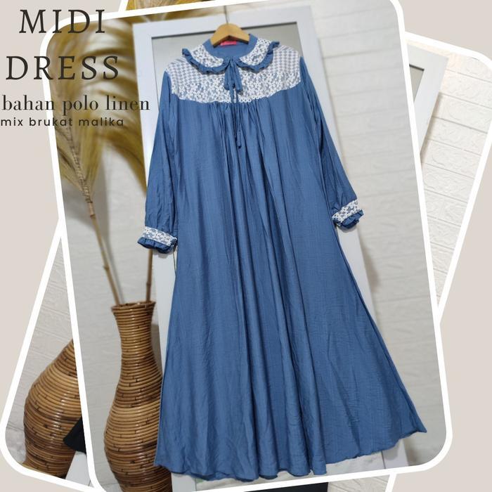 Fashion Wanita Midi Dress Muslim Terbaru Bahan Polo Linen Premium Maxi Brokat Malika Simpel Elegant
