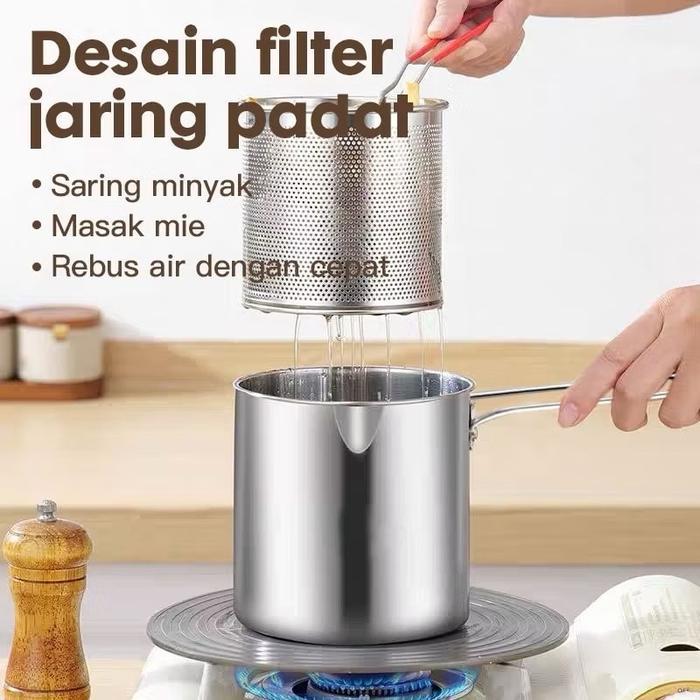 Panci Deep Fryer Mini Stainless 4 in 1 / Penggorengan / Panci Mie + Serok Saringan Dalam Kecil