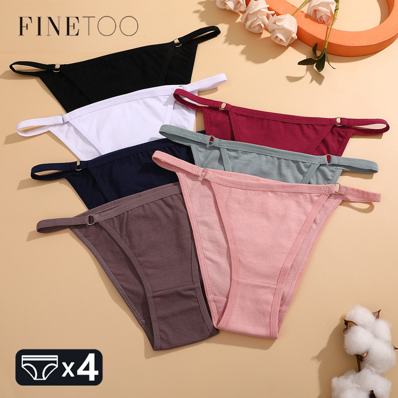 Finetoo 4Pcs Women'S Cotton Panties Sexy Metal Ring Waist Underwear Solid Breathable Panties Ladies