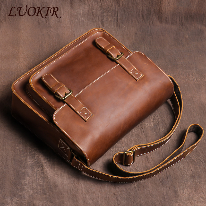 LUOKIR Retro Messenger Bag Crazy Horse Leather Shoulder Bag Men's Genuine Leather Crossbody