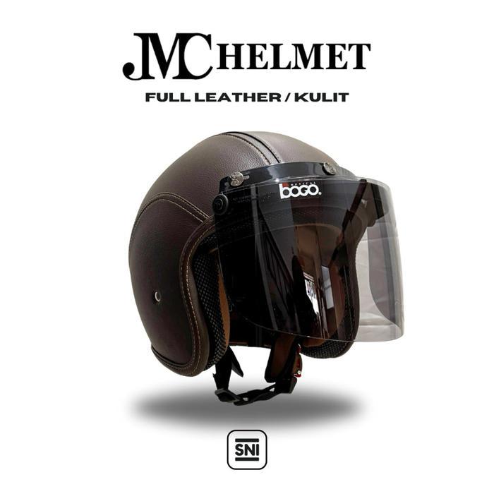 Helm Bogo Retro Dewasa Full Leather/ Kulit Cokelat Tua Menyeluruh With Kaca Bogo Original Sni