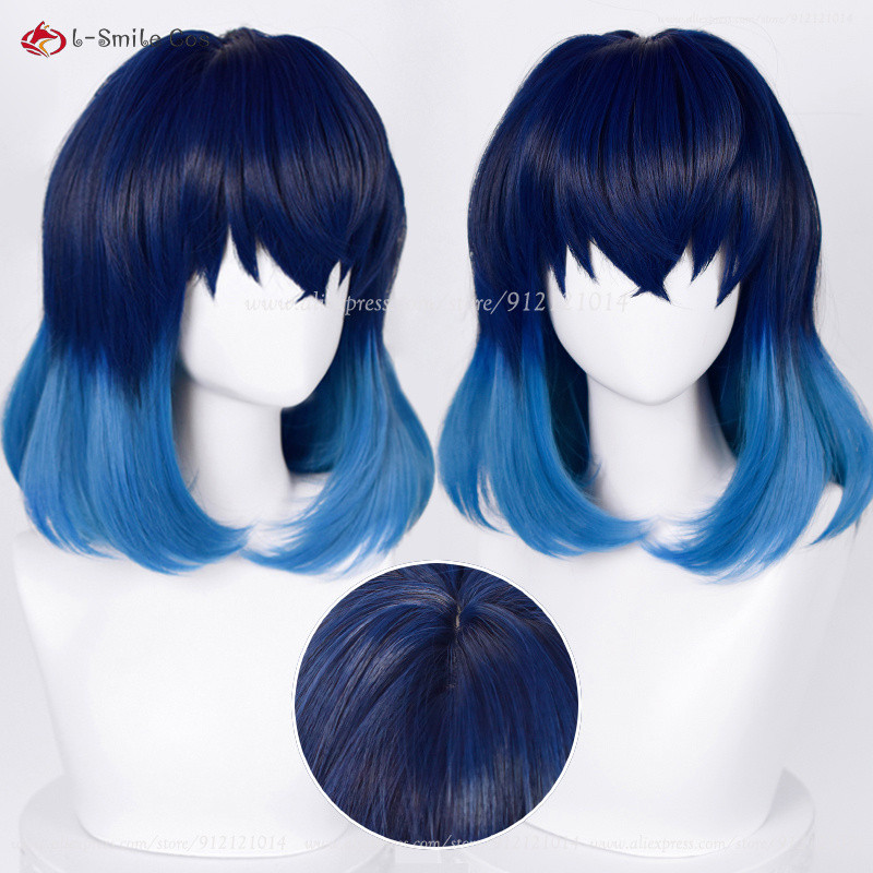 Anime Hashia Inosuke Cosplay Wig 40Cm Blue Gradient Inosuke Wigs Heat Resistant Synthetic Hair