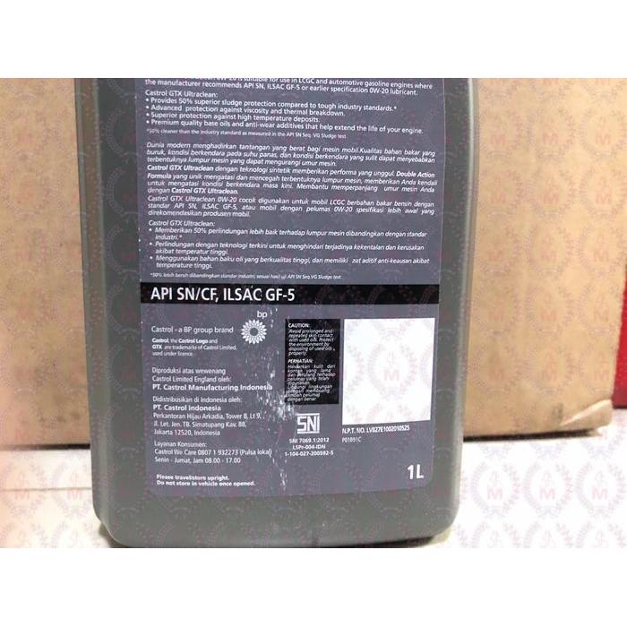 Castrol Gtx Ultraclean 0W20 0W-20 0W/20 Api Sn/Cf Ilsac Gf-5 Synthetic Terjamin