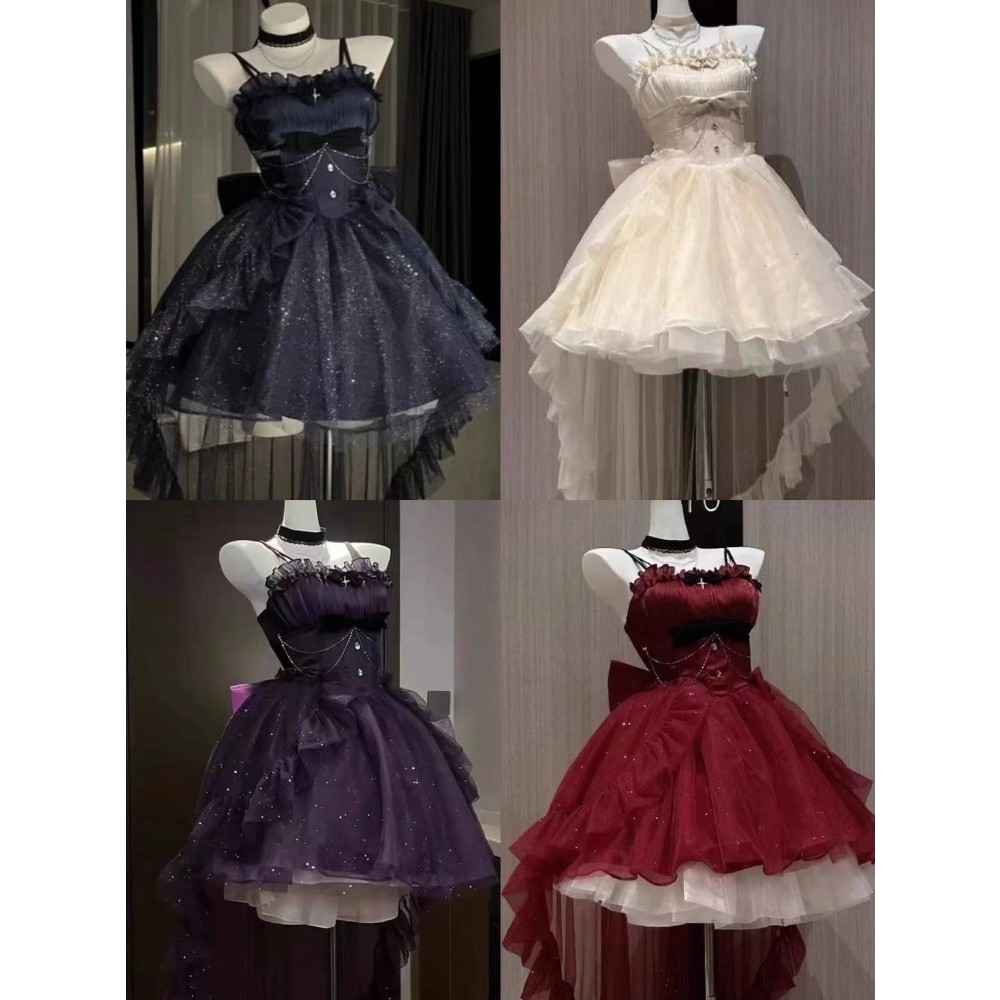 Vintage Gothic Lolita Dress Set Women Harajuku Y2k Bow Ruffles Party Dress Female Elegant Korean