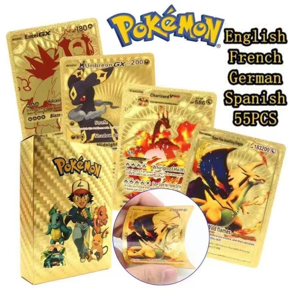 55/110Pcs Pokemon Cards Gold Foil Card English French German Spanish Charizard Pikachu Gold Battle