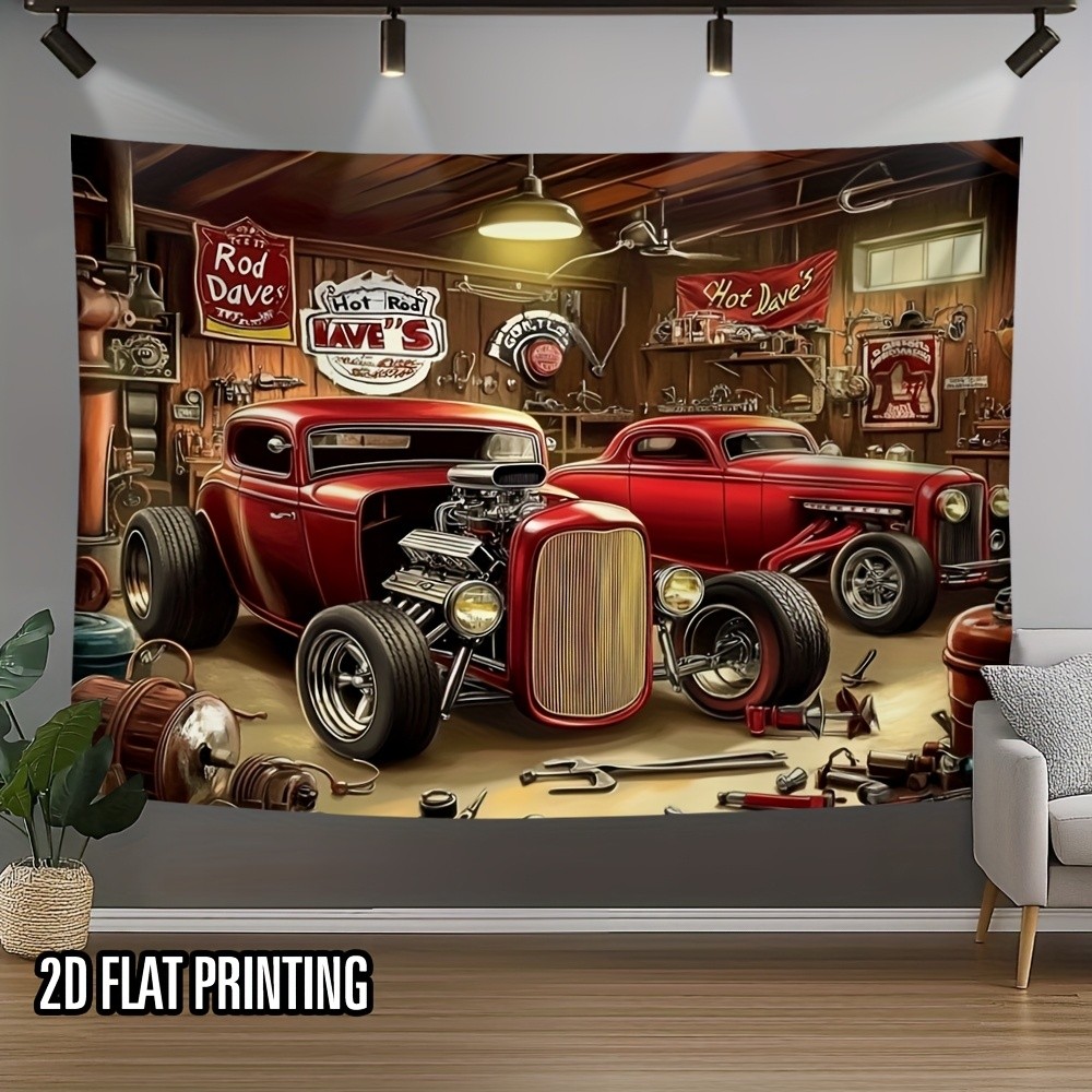 Vintage Hot Rod Garage Tapestry, Retro 1940s Classic Car Wall Art for Man Cave and Automotive Themed