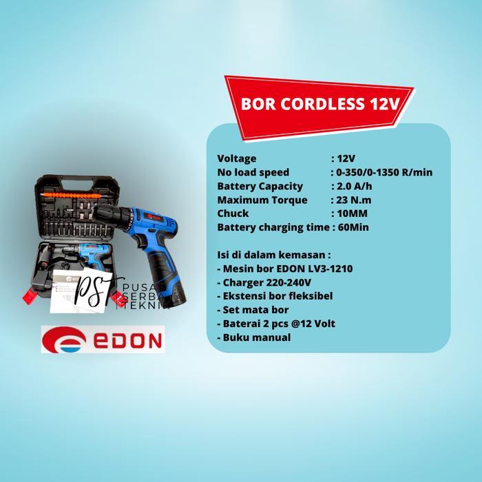 Bor Cordless Edon 12V Lithium Lv 3 1210 Koper 2 Baterai