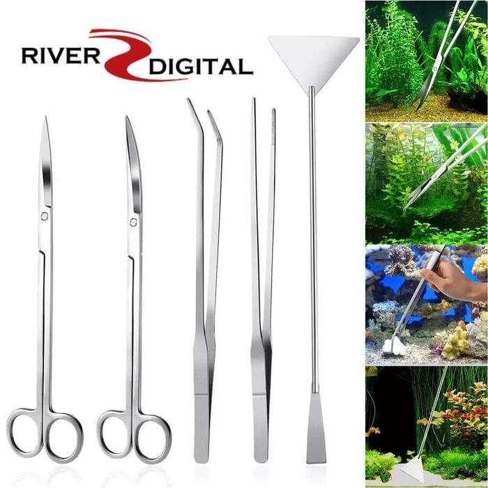 New - Aquascape 5 In 1 Tool Set / Scaper / Gunting Bengkok / Pinset