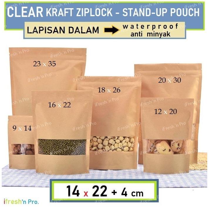14x22 - CLEAR KRAFT - Ziplock - Kemasan Keripik - Standing Pouch Window