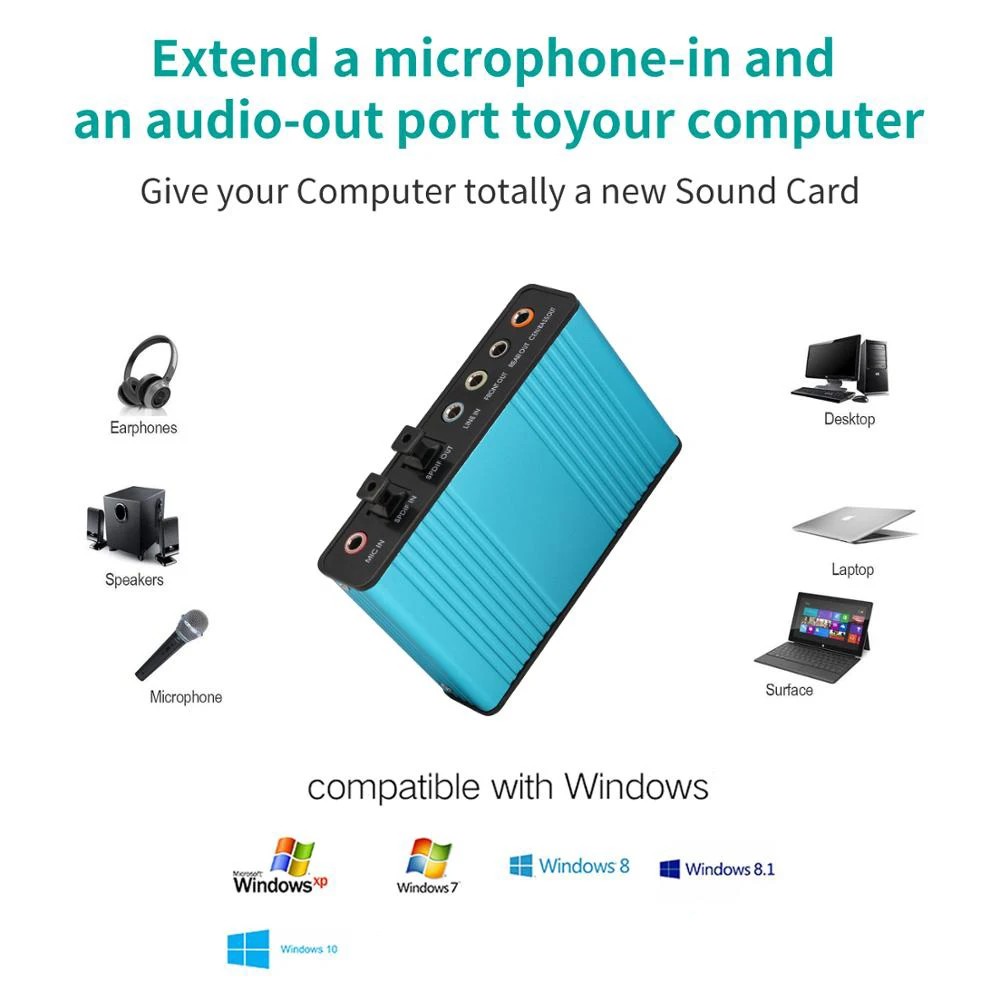 Professional USB Sound Card 6 Channel 5.1 Optical External Audio Card Converter CM6206 Chipset for