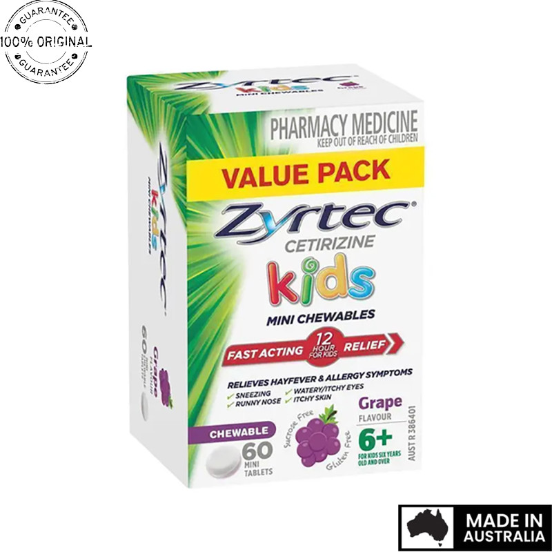 Aussie Original Zyrtec Kids Antihistamine Allergy & Hayfever Chewable Tablet Grape 60 Pack