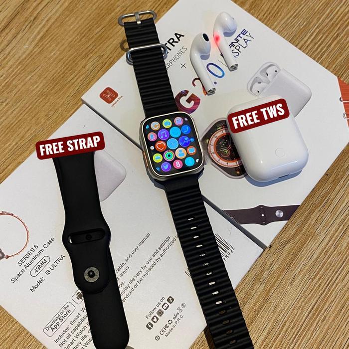 JAM TANGAN SMARTWATCH I8 ULTRA WATCH 8 FREE 2 TALI+EARPHONE TWS FITNES