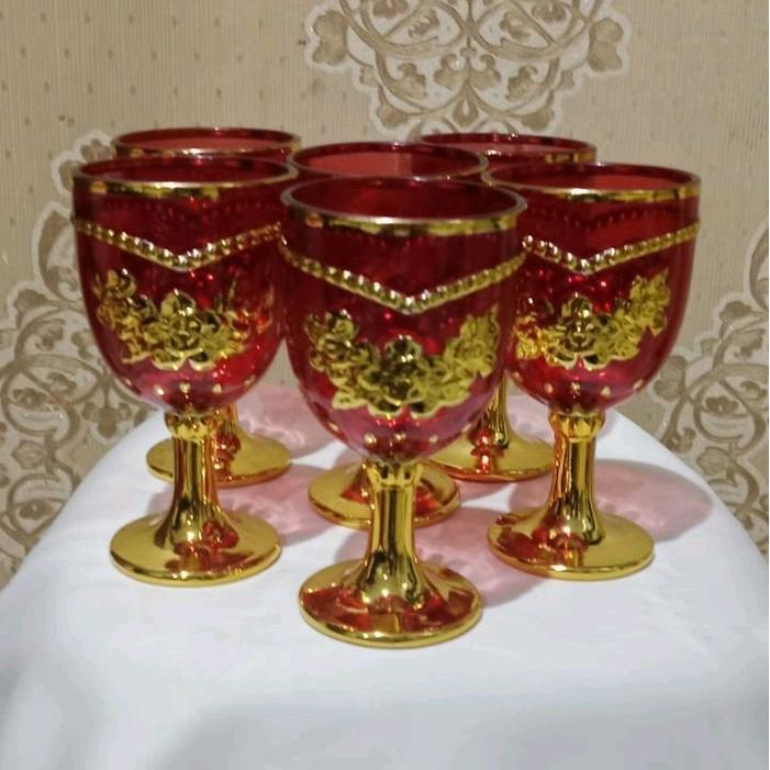 GELAS MINUM WARNA BERKAKI ISI 6 GELAS EXCLUSIVE FREE BUBLE KACA BIRU MERAH HIJAU