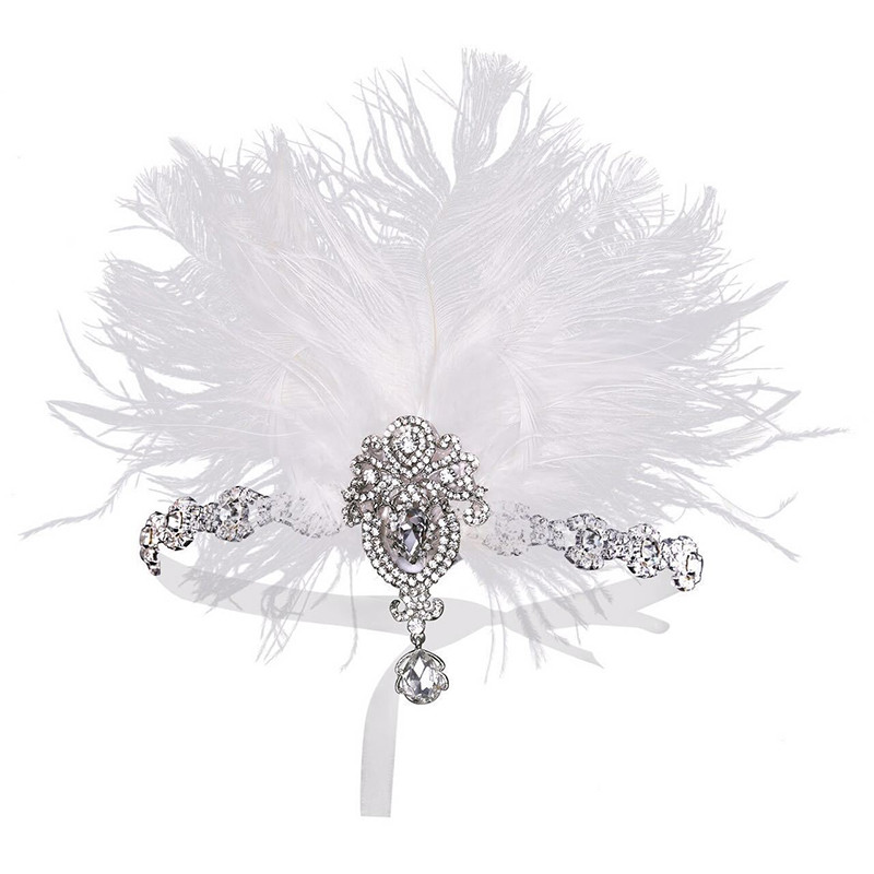 Vintage Gatsby Accessories White Crystal Rhinestones Chain Elegant Feather Carnival Headpiece 1920s