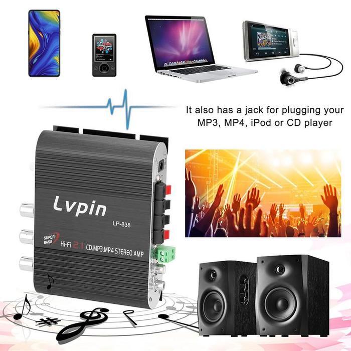 LVPIN Mini HiFi Stereo Amplifier Treble Bass Booster 12V 20W / LP-838 /Amplifier Power Speaker Toa