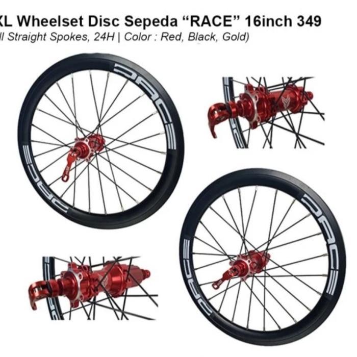 WHEELSET VELG SET 16 PLUS 349 MXL RACE DISC BRAKE 16+ 349 RODA SEPEDA SET VELG LENGKAP DEPAN