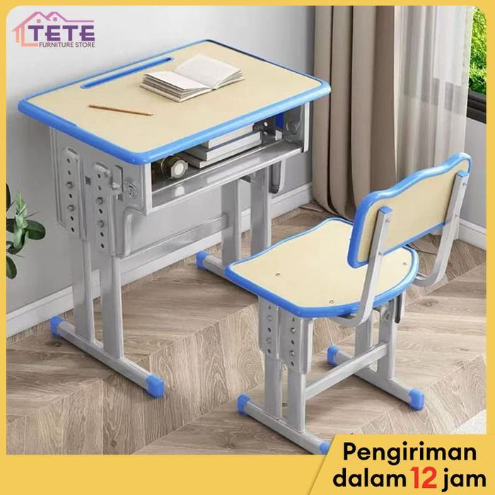 TETE Set Meja Kursi Belajar Anak Multifungsi Rangka Besi Kokoh Kapasitas 200kg Warna Abu Abu Desain