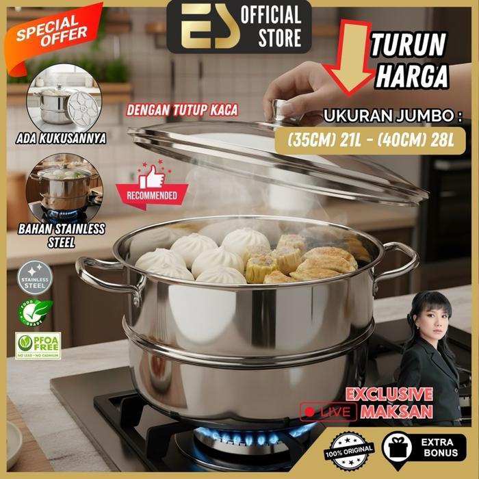 [ES x Mak San] Premium Panci Kukusan Langseng Kukus Stainless Steel Kapasitas Besar 21L-28L Dengan