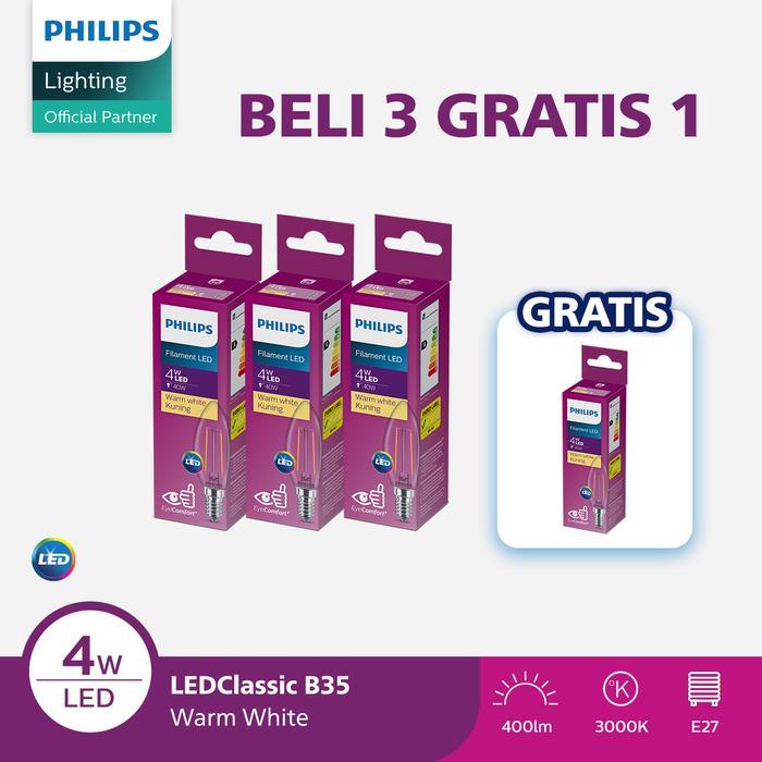 Paket Lampu Philips Beli 3 Dapat 4 Lampu Philips Filament Bohlam LED 4W B35 E14 Kuning