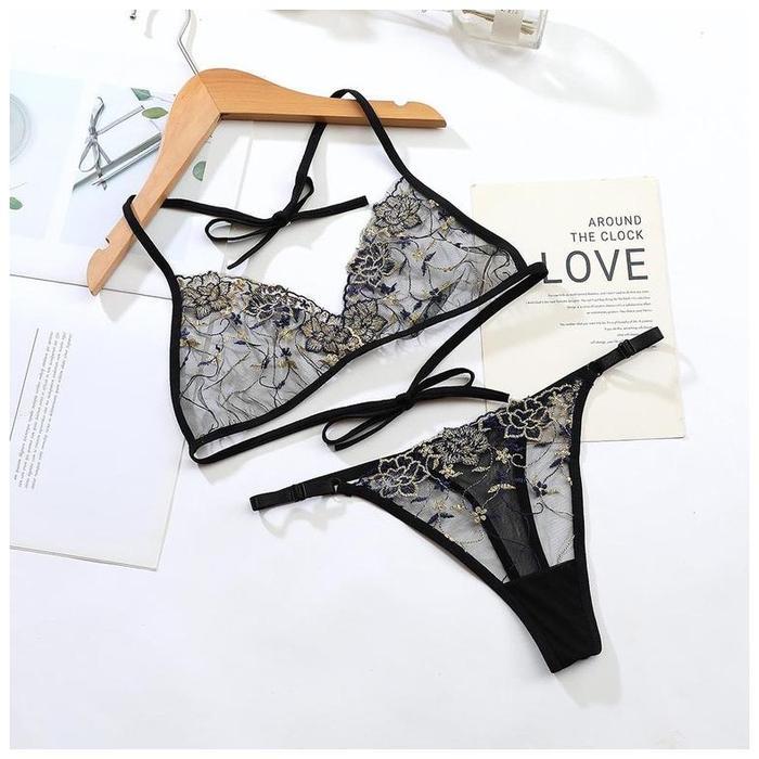 Lingerie Set Tali Bunga Bordir Bra Lingerie Wanita Transparan A137 Sexy
