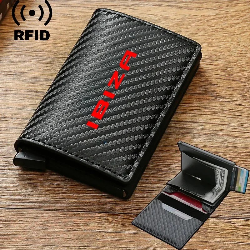 Rfid Leather Carbon Fiber Credit Card Holder Wallets Men Black Magic Trifold for Seat Ibiza Ateca