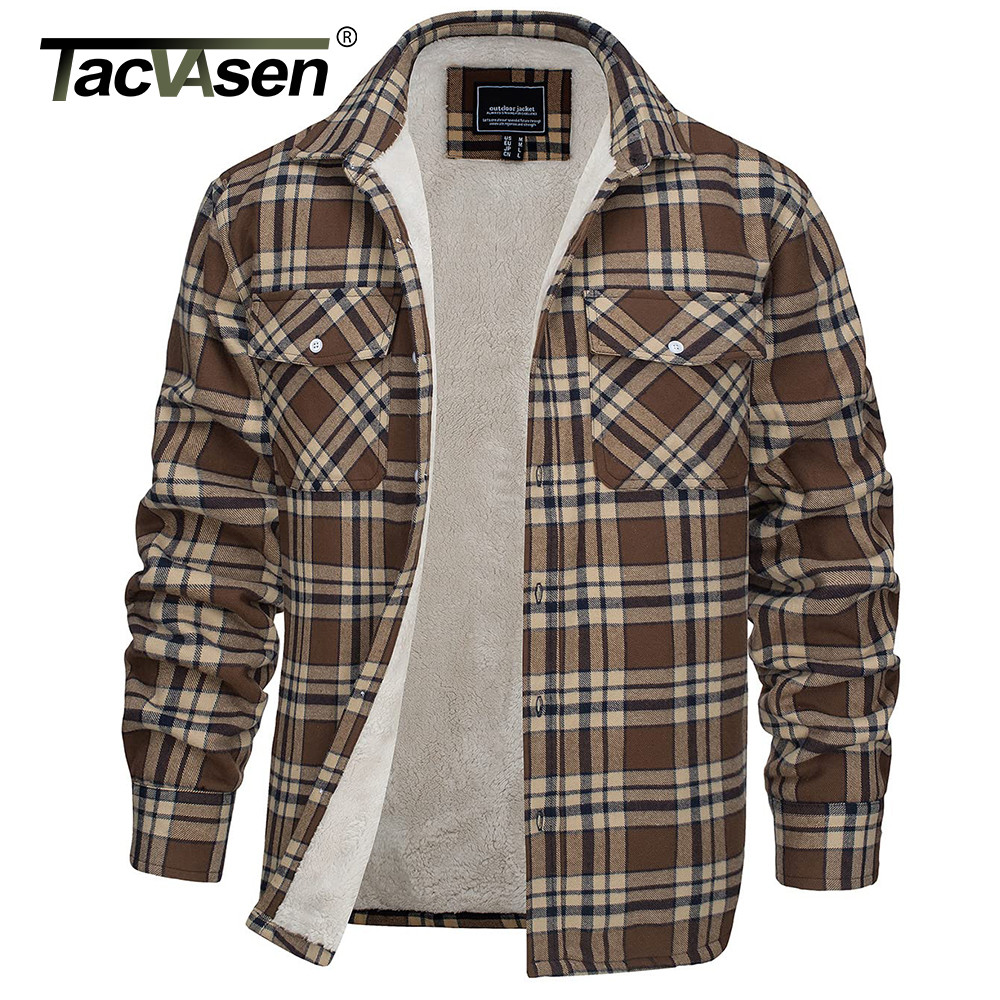 Tacvasen Men'S Plaid Flannel Jacket Sherpa Fleece D Warm Winter Thick Working Coat Button Down Shirt