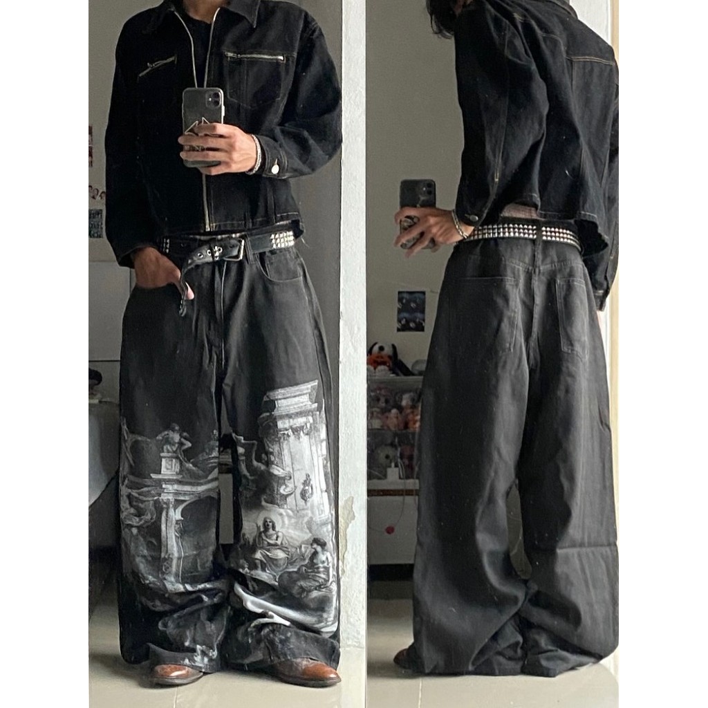 High Street Harajuku Retro Classical Oil Painting Printed Jeans Men Streetwear Trousers Gothic Punk