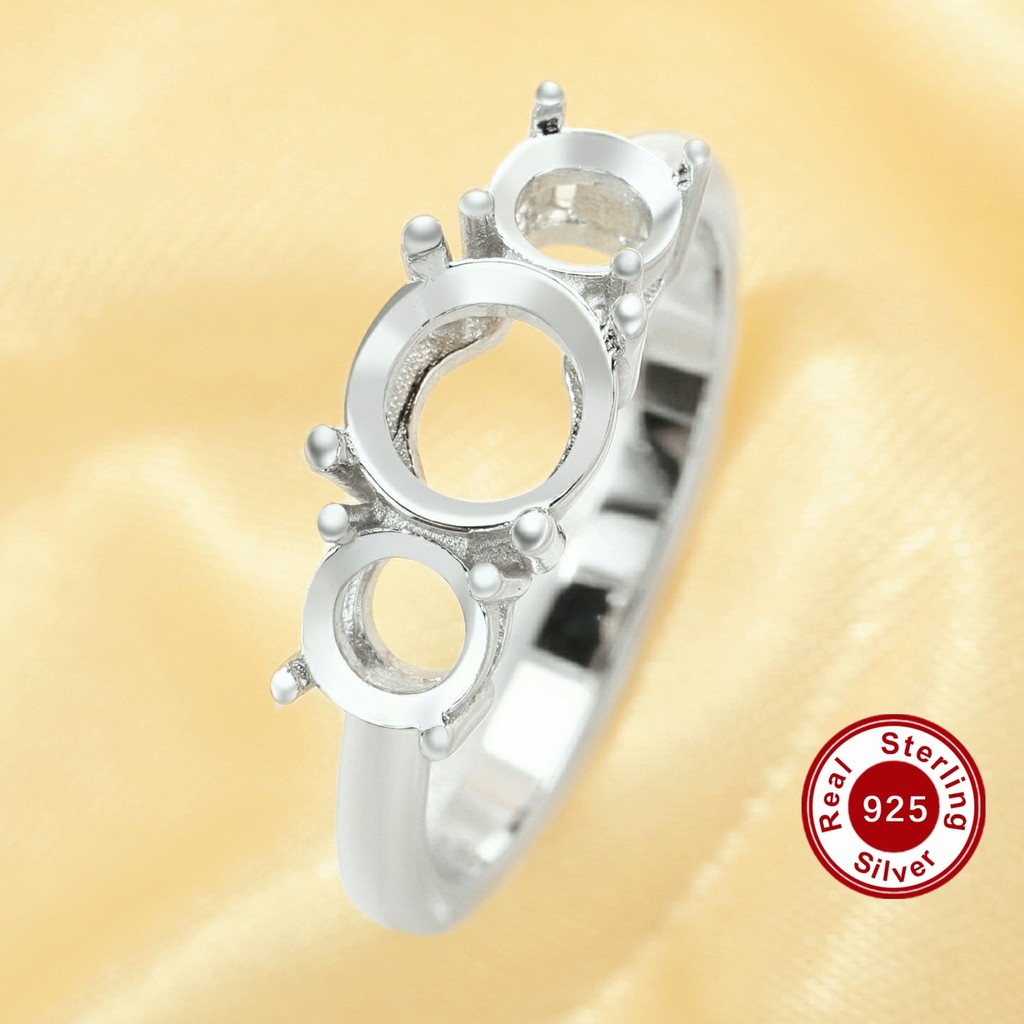 3 Stones Halo Round Prong Ring Settings,Solid 925 Sterling Silver Ring,Family Ring,With 5MM,7MM