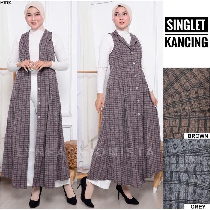 LONG CARDIGAN OUTER WANITA FASHION MUSLIMAH KANCING HIDUP MOTIF TARTAN KOTAK/IZORA