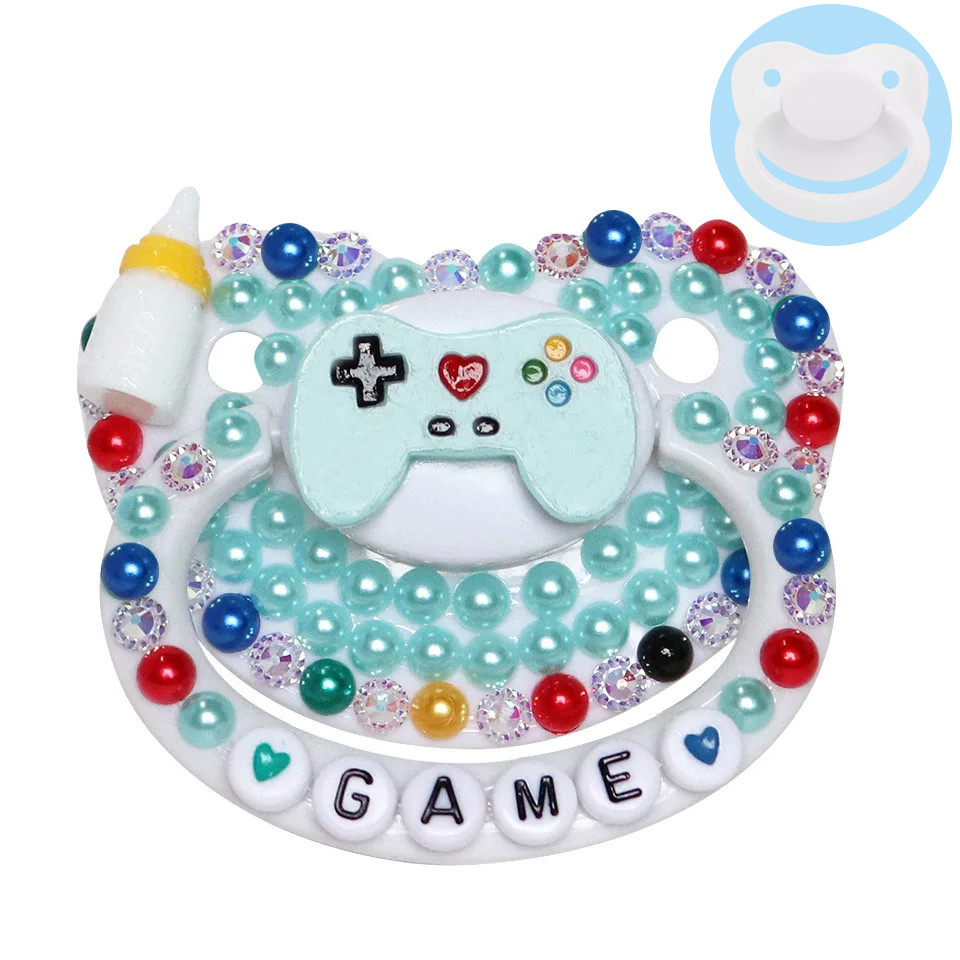100% Handmake Cute Milk Game Pattern Blue Baby Pacifier Silicone Size Pacifier Abdl Daddy Girl