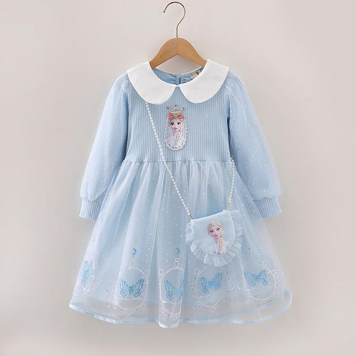1-7Tahun Dress Elsa Anak Gaun Lengan Panjang Kartun Gaya Set Tas Pakalan Anak Korea Christmas Bayi