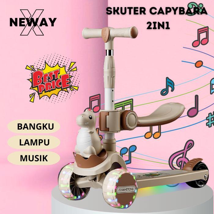 NEWAYX SKUTER MAINAN ANAK KAPIBARA 2 IN 1 SCOOTER LIPAT 2IN1 CAPYBARA BANGKU RODA TIGA MUSIK LAMPU