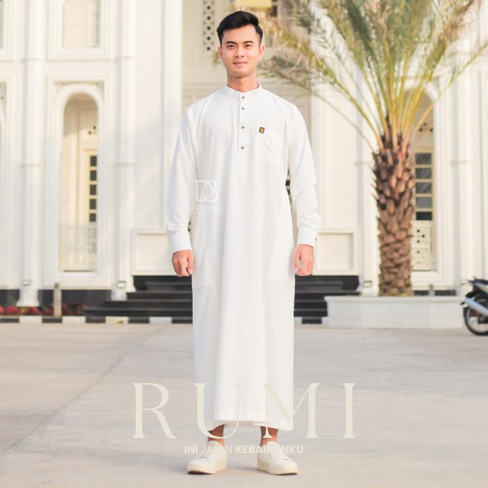 Jubah Pria Muslim Dthree Rumi Series Putih Katun - Model Simple & Elegan, Bahan Kain Kuat Adem,