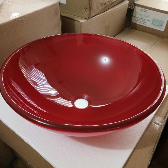 wastafel kaca tempered glass merah bulat