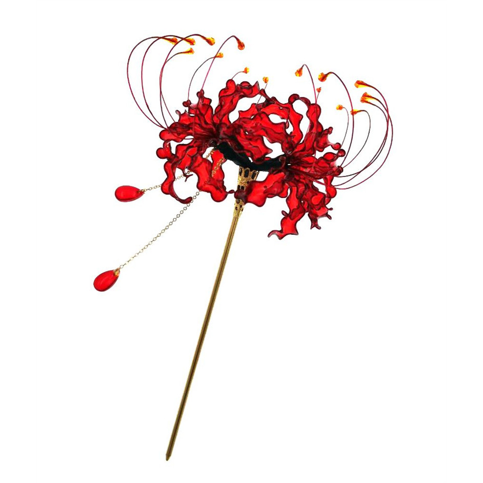 Handmade Lycoris Radiata Flower Hairpin Kanzashi Hair Stick for Kimono Hair Accessory Cosplay Decor