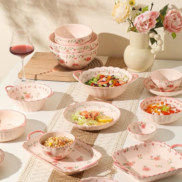 PIRING KERAMIK BLOOM PIRING MANGKOK BESAR PERALATAN MAKAN KERAMIK MEWAH MOTIF BUNGA WARNA PINK MERAH