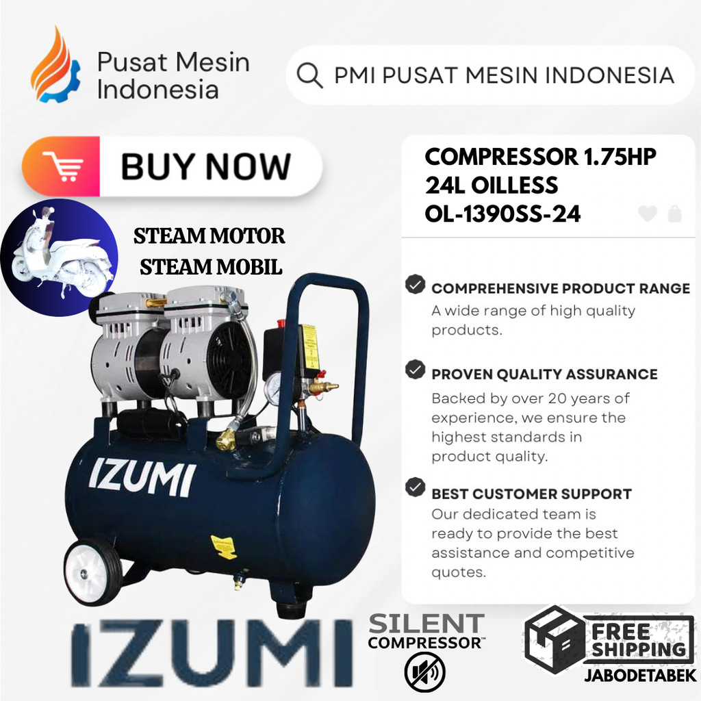 COMPRESSOR IZUMI NLG 1.75HP 24L OILLESS OL-1390SS-24/ KOMPRESOR 220V/ KOMPRESOR 1 PHASE/ KOMPRESOR S