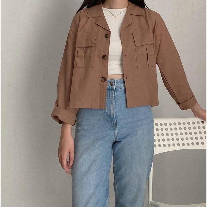 cnm SIVALI Claryn Outer Linen Crop Version - Kemeja Linen - Atasan Wanita Kardigan Saku 2289 kancing